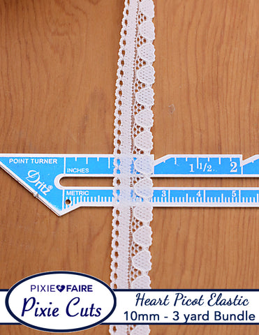 Pixie Faire Pixie Cuts Elastic Pre-Cut 3 Yard Bundle 10mm or 3/8 inch Tiny Picot Hearts White Pixie Faire