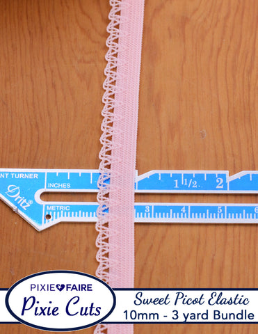 Pixie Faire Pixie Cuts Elastic Pre-Cut 3 Yard Bundle 10mm or 3/8 inch Sweet Picot Pink Pixie Faire