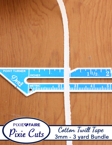 Pixie Faire Pixie Cuts Trim Pre-Cut 3 Yard Bundle 3mm or 1/8 inch White Cotton Twill Tape Pixie Faire