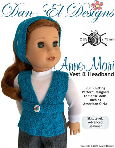 Dan-El Designs Knitting Anne-Mari Vest and Headband 18" Doll Clothes Knitting Pattern Pixie Faire