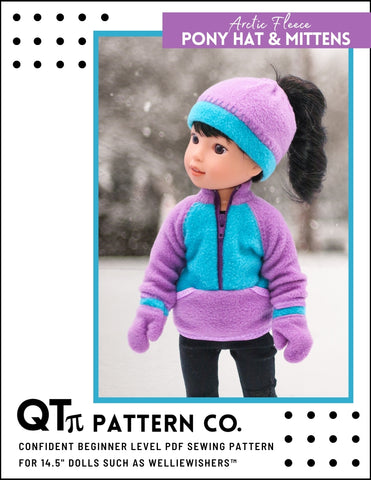 QTπ Pattern Co 18 Inch Modern Arctic Fleece Pony Hat & Mittens 14.5" Doll Clothes Pattern Pixie Faire