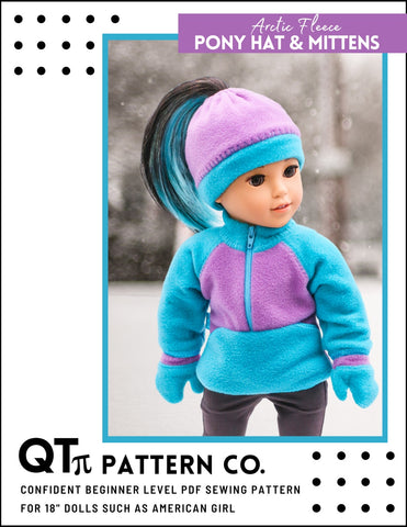 QTπ Pattern Co 18 Inch Modern Arctic Fleece Pony Hat & Mittens 18" Doll Clothes Pattern Pixie Faire