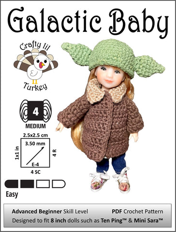 Crafty Lil Turkey Crochet Galactic Baby 8" Doll Clothes Crochet Pattern for 8 inch BJD Dolls such as Ten Ping and Mini Sara Pixie Faire