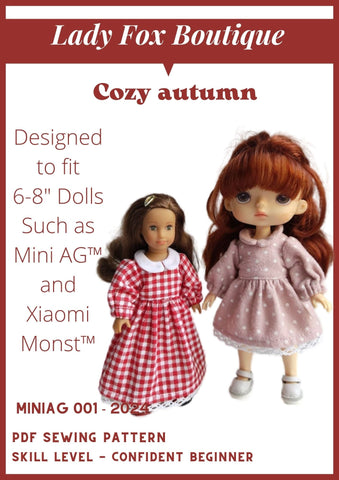 Lady Fox Boutique Mini Cozy Autumn Dress Doll Clothes Pattern For 6 Inch AG Mini Dolls Pixie Faire