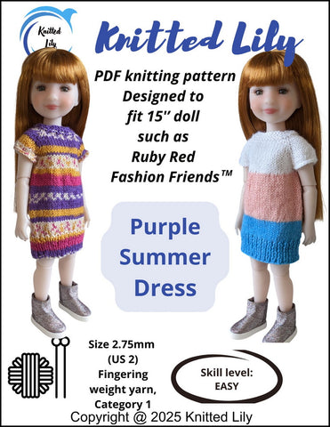 Knitted Lily Ruby Red Fashion Friends Purple Summer Dress Knitting Pattern for 15" Ruby Red Fashion Friends Dolls Pixie Faire