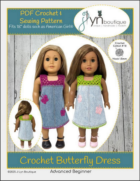 J Lyn Boutique Crochet Butterfly Dress 18" Doll Clothes Pattern