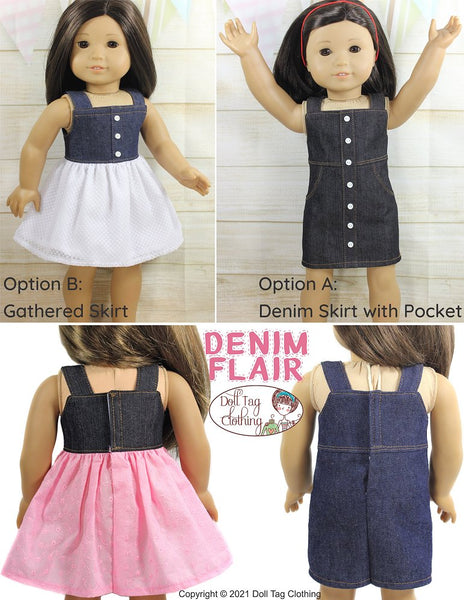 white christmas dresses Doll Tag Clothing Denim Flair Dress Doll Clothes Pattern 18 inch American  Girl Dolls