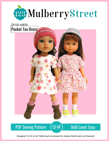 123 Mulberry Street H4H/Les Cheries Drop Waist Pocket Tee Dress Pattern for Les Cheries and Hearts for Hearts Girls Dolls Pixie Faire