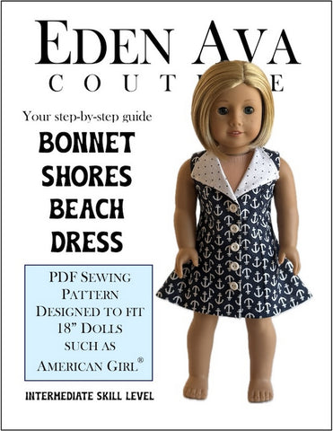 Eden Ava 18 Inch Modern Bonnet Shores Beach Dress 18" Doll Clothes Pattern Pixie Faire