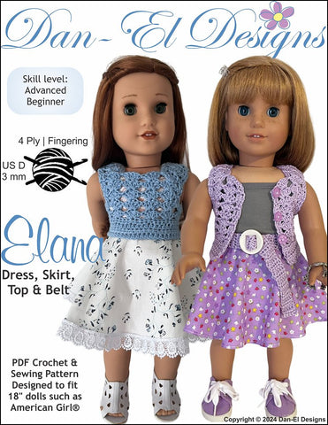 Dan-El Designs Crochet Elana 18 inch Doll Clothes Crochet and Sewing Pattern Pixie Faire