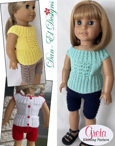 Dan-El Designs Knitting Greta Top and Cycle Shorts Knitted Outfit 18" Doll Knitting Pattern Pixie Faire