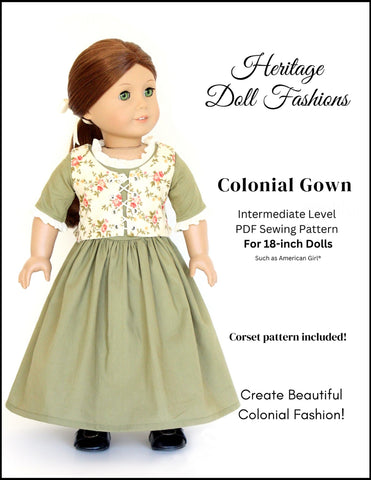 Heritage Doll Fashions 18 Inch Historical 1774 Colonial Gown 18" Doll Clothes Pattern Pixie Faire
