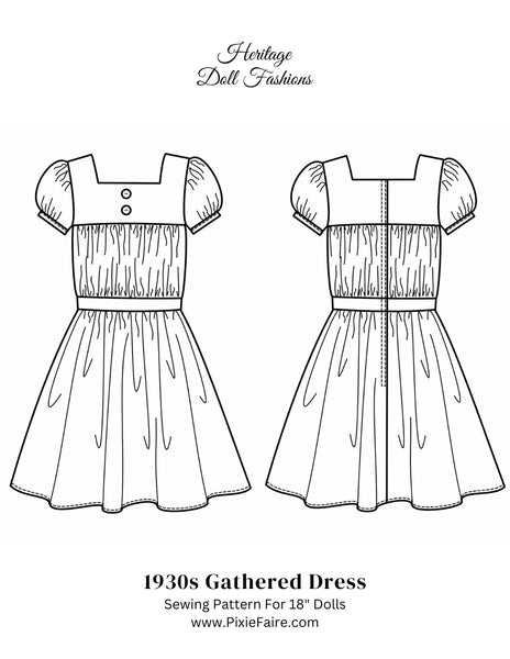 1930's Gathered Dress 18 inch Doll Clothes Pattern PDF Download