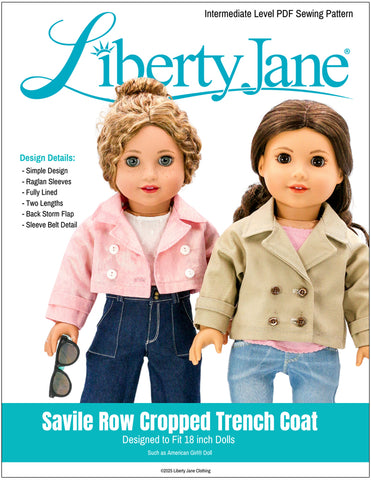 Liberty Jane 18 Inch Modern Savile Row Cropped Trench Coat 18" Doll Clothes Pattern Pixie Faire