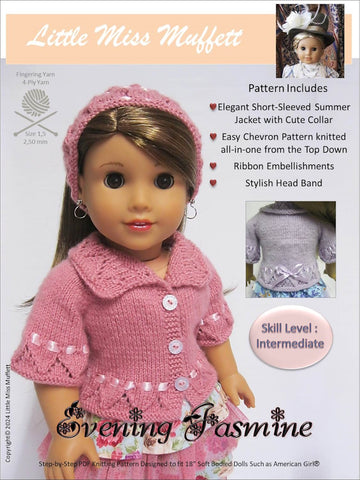 Little Miss Muffett Knitting Evening Jasmine 18" Doll Clothes Knitting Pattern Pixie Faire