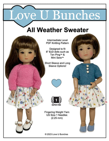 Love U Bunches 8" BJD All Weather Sweater Knitting Pattern for 8 Inch BJD such as Ten Ping and Mini Sara Pixie Faire