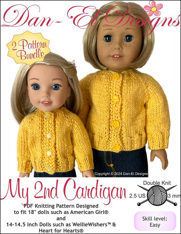 Dan-El Designs Knitting My 2nd Cardigan two size BUNDLE Doll Clothes Knitting Pattern Pixie Faire
