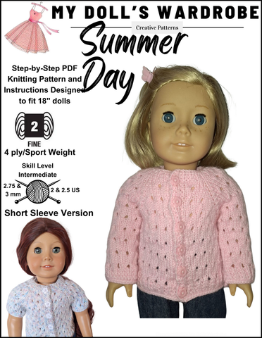 My Doll's Wardrobe Knitting Summer Day Cardigan 18" Doll Clothes Knitting Pattern Pixie Faire