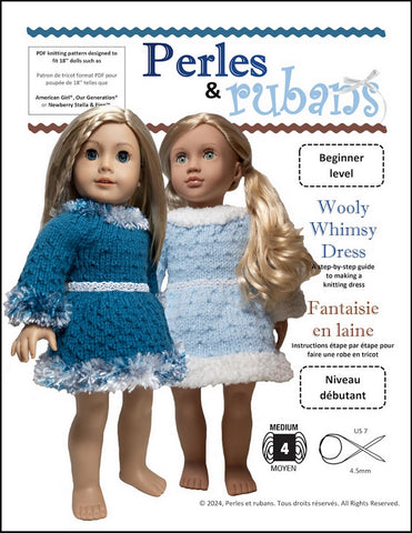 Perles & Rubans Knitting Wooly Whimsy Dress 18" Doll Clothes Knitting Pattern Pixie Faire