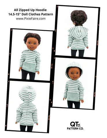 QTπ Pattern Co Ruby Red Fashion Friends All Zipped Up Hoodie 14.5-15" Doll Clothes Pattern Pixie Faire