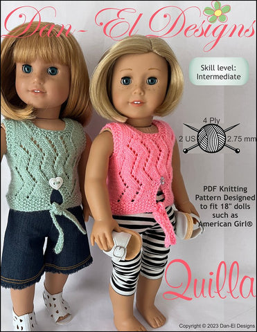 Dan-El Designs Knitting Quilla 18" Doll Clothes Knitting Pattern Pixie Faire