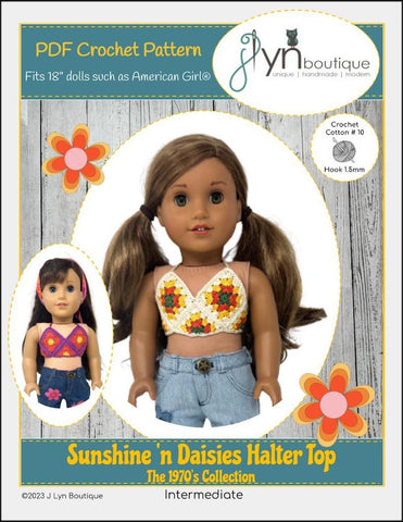 J Lyn Boutique Crochet Sunshine 'n Daisies Halter Top 18" Doll Clothes Crochet Pattern Pixie Faire