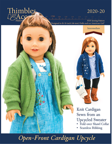 Thimbles and Acorns 18 Inch Modern Open-Front Cardigan Upcycle 18" Doll Clothes Pattern Pixie Faire