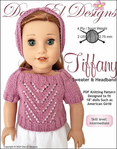 Dan-El Designs Knitting Tiffany Sweater and Headband 18" Doll Clothes Knitting Pattern Pixie Faire
