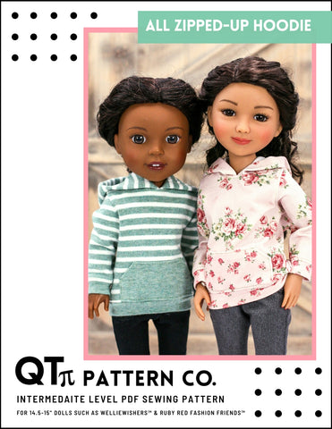 QTπ Pattern Co Ruby Red Fashion Friends All Zipped Up Hoodie 14.5-15" Doll Clothes Pattern Pixie Faire