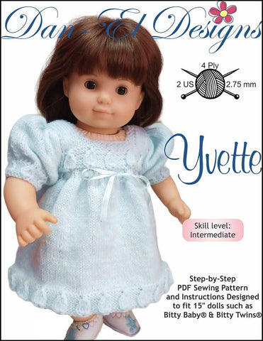 Dan-El Designs Knitting Yvette 15" Baby Doll Clothes Knitting Pattern Pixie Faire