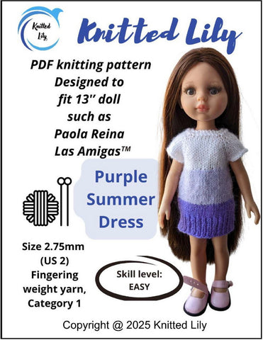 Knitted Lily Ruby Red Fashion Friends Purple Summer Dress Knitting Pattern for 13" Paola Reina Dolls Pixie Faire