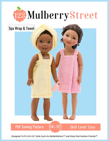 123 Mulberry Street Ruby Red Fashion Friends Spa Wrap & Towel 14.5-15" Doll Clothes Pattern Pixie Faire