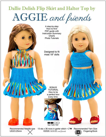 Aggie and friends Knitting Dallie Delish Flip Skirt and Halter Top Knitting Pattern For 18" Dolls Pixie Faire