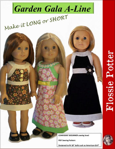 Flossie Potter 18 Inch Historical Garden Gala A-Line Dress 18" Doll Clothes Pattern Pixie Faire
