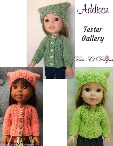 Dan-El Designs WellieWishers Addison Knitted Sweater and Hat 14.5" Doll Knitting Pattern Pixie Faire