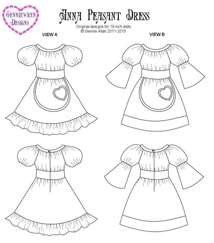 Genniewren 18 Inch Modern Anna Peasant Dress 18" Doll Clothes Pattern Pixie Faire