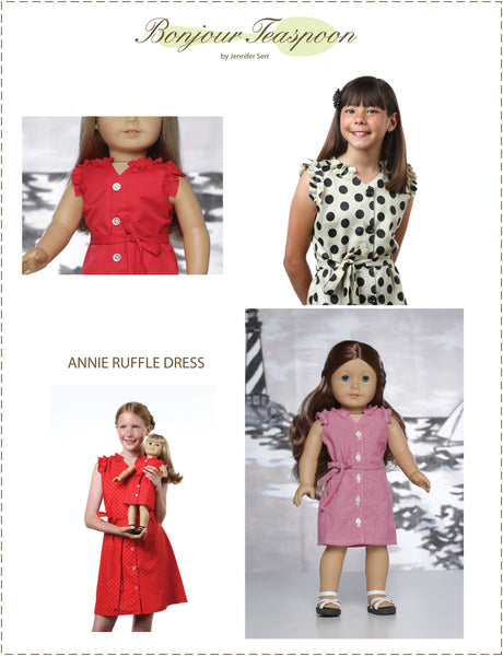 Bonjour Teaspoon Annie Ruffle Dress for Girls and Dolls Bundle Doll Clothes  Pattern 18 inch American Girl Dolls