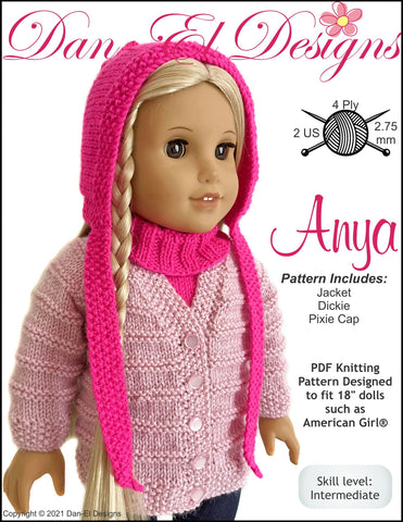 Dan-El Designs Knitting Anya 18 inch Doll Clothes Knitting Pattern Pixie Faire