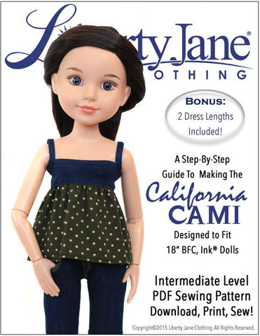 Liberty Jane BFC Ink CA Cami Top and Dress Pattern for BFC, Ink Dolls Pixie Faire