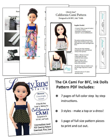Liberty Jane BFC Ink CA Cami Top and Dress Pattern for BFC, Ink Dolls Pixie Faire