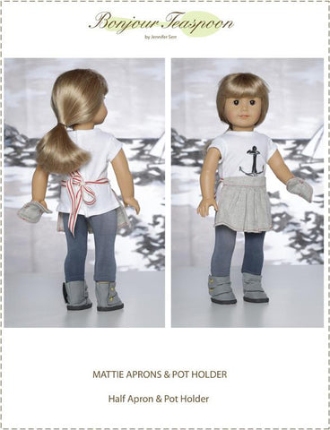 Bonjour Teaspoon 18 Inch Modern Mattie Aprons and Pot Holder 18" Doll Accessory Pattern Pixie Faire