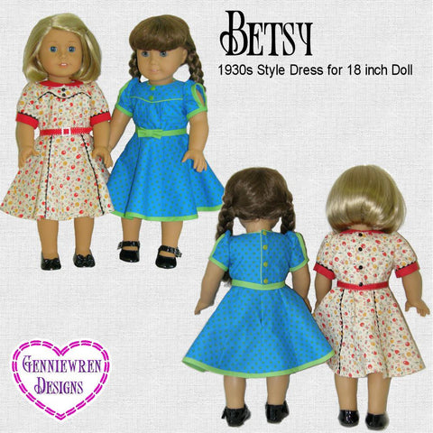 Genniewren 18 Inch Historical 1930's Betsy Dress 18" Doll Clothes Pattern Pixie Faire