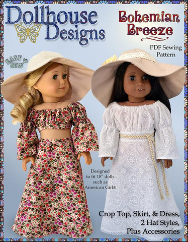 Dollhouse Designs 18 Inch Modern Bohemian Breeze Crop Top, Skirt, Dress, & Accessories 18" Doll Clothes Pattern Pixie Faire