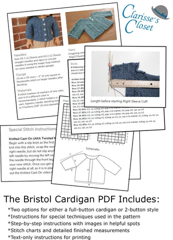 Clarisse's Closet Knitting Bristol Cardigan 18" Doll Clothes Knitting Pattern Pixie Faire