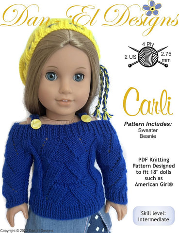 Dan-El Designs Knitting Carli Sweater and Beanie 18 inch Doll Clothes Knitting Pattern Pixie Faire