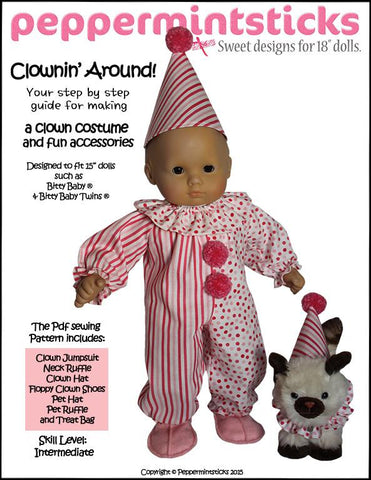 Peppermintsticks Bitty Baby/Twin Clownin' Around! 15" Baby Doll Clothes Pattern Pixie Faire