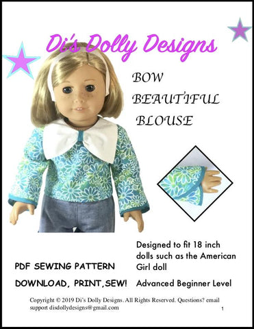 Di's Dolly Designs 18 Inch Modern Bow Beautiful Blouse 18" Doll Clothes Pattern Pixie Faire