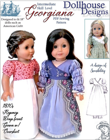 Dollhouse Designs 18 Inch Historical Georgiana 1812 Regency Gown 18" Doll Clothes Pattern Pixie Faire
