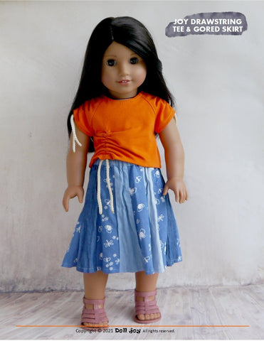 Doll Joy 18 Inch Modern Joy Drawstring Tee and Gored Skirt 18" Doll Clothes Pattern Pixie Faire