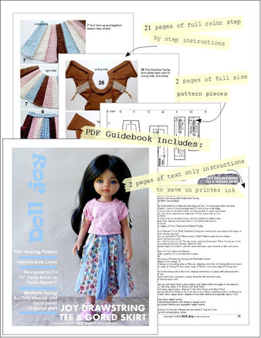 Doll Joy Paola Reina Joy Drawstring Tee and Gored Skirt Pattern For 13" Paola Reina Dolls Pixie Faire